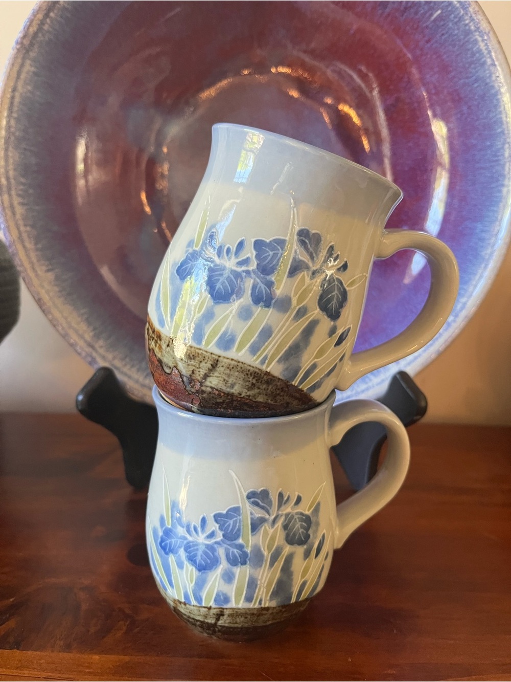 Pair vintage Otagiri blue iris stoneware pottery mugs